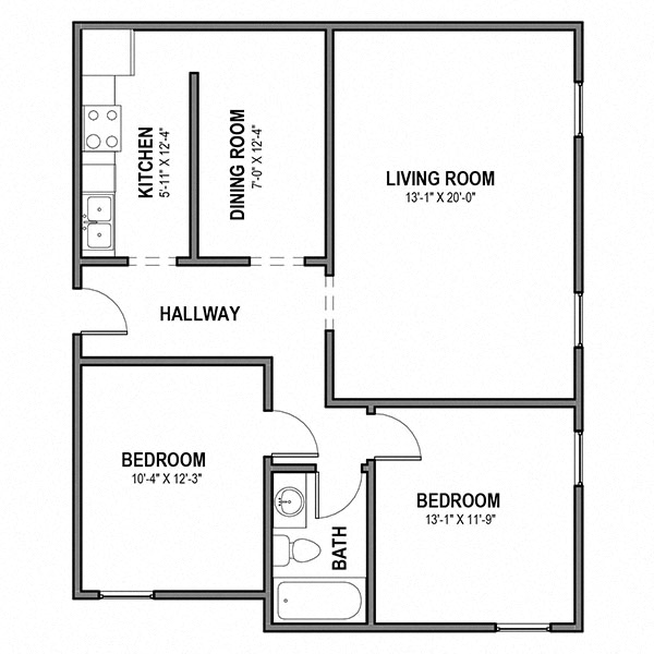 Floor plan for 2 beds, 1 bath, 800 sqft